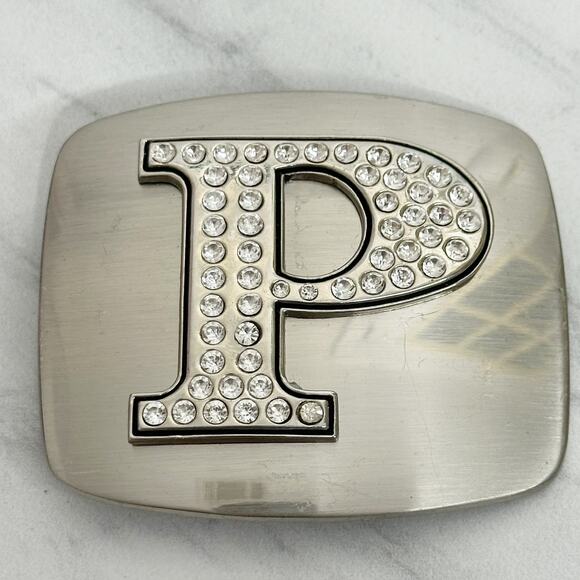 Rhinestone Letter P Monogram Belt Buckle Silver Tone Initial ✨ - Picture 1 of 14